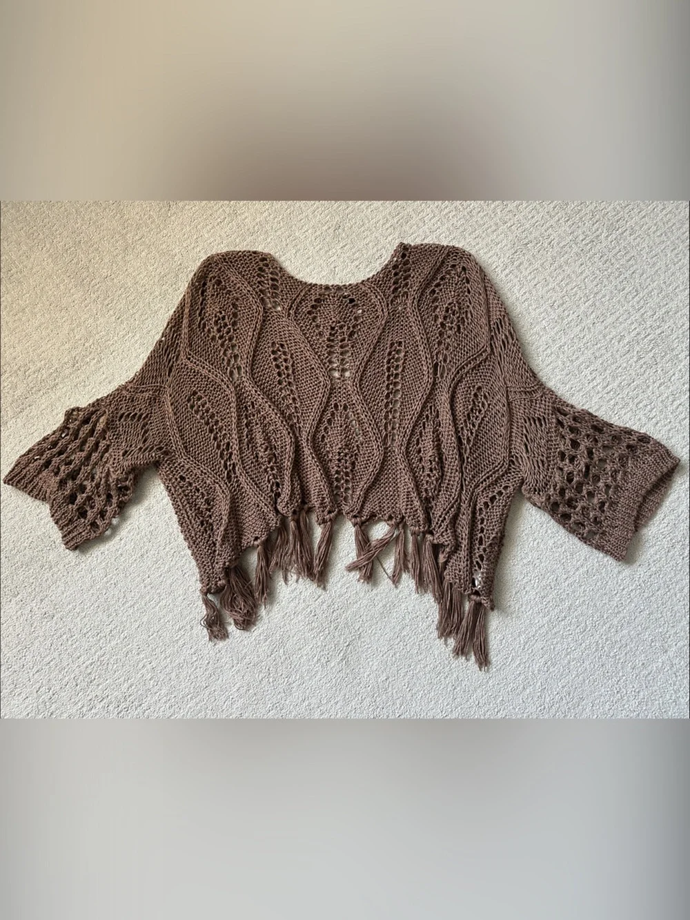 Fringed Open-Knit Poncho Shrug in Taupe